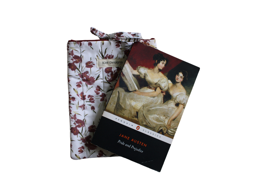 handmade cotton small book sleeve tie white flowers maroon pride and prejudice 