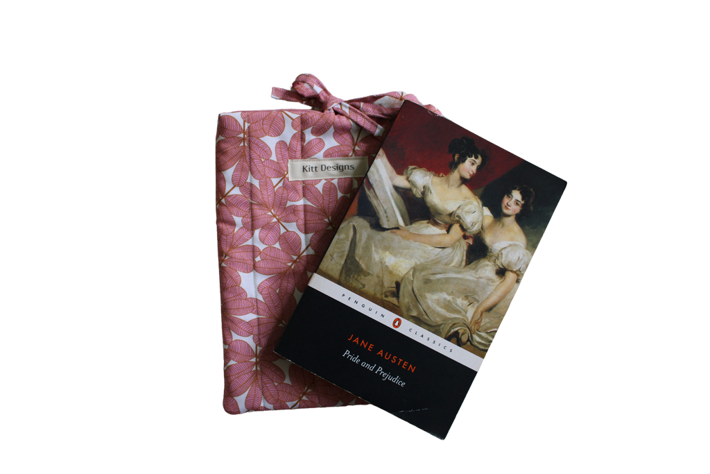 handmade cotton small book sleeve tie pink white leaf pride and prejudice