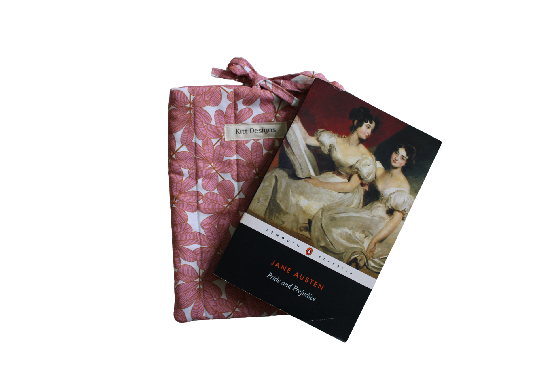 handmade cotton small book sleeve tie pink white leaf pride and prejudice
