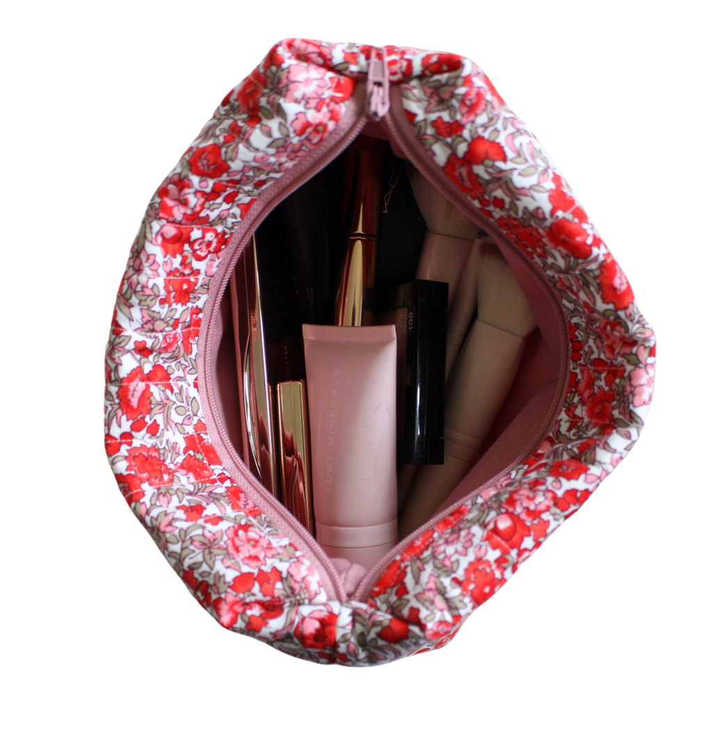 handmade cotton beauty pouch pink red flower makeup