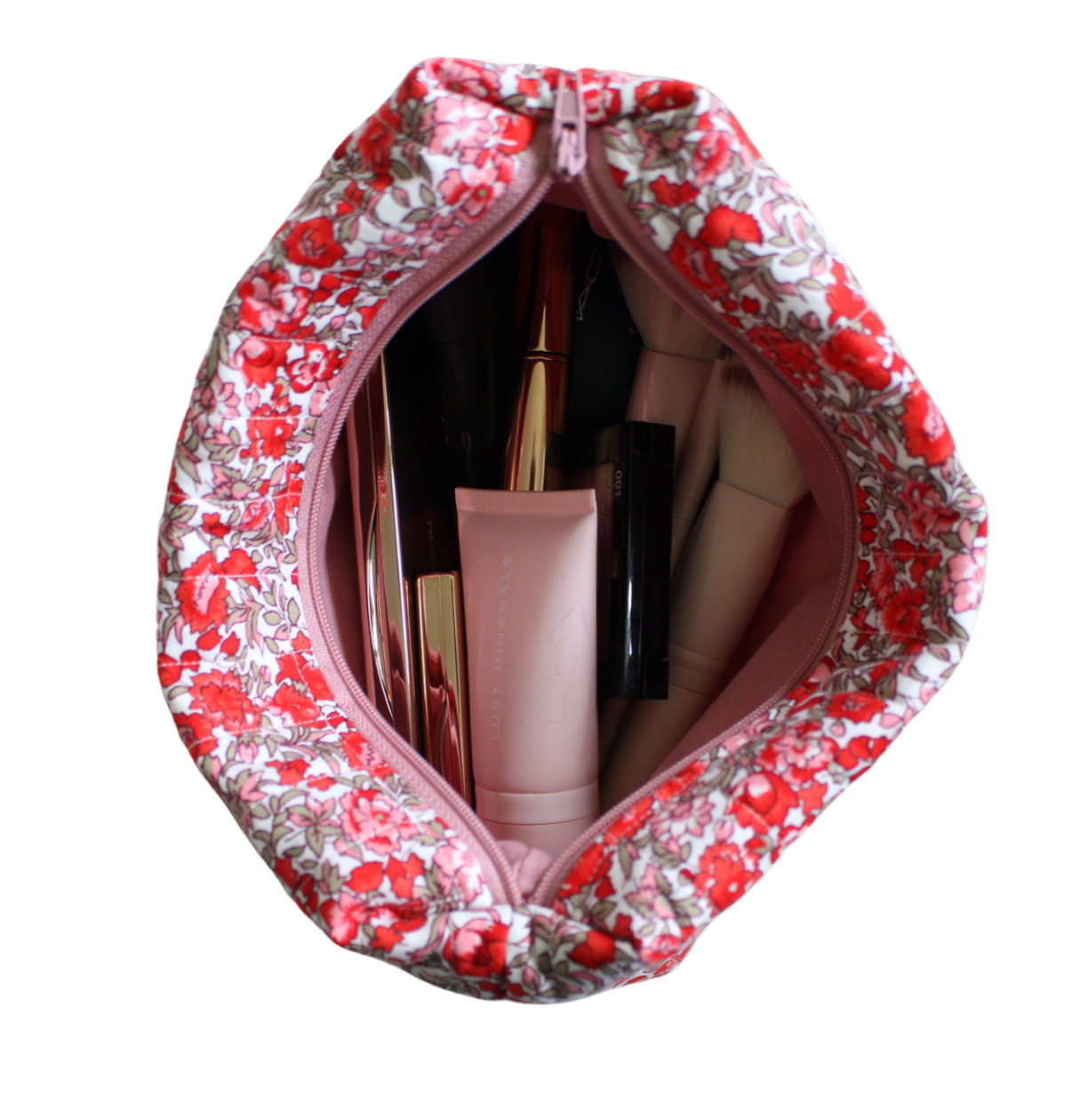 handmade cotton beauty pouch pink red flower makeup