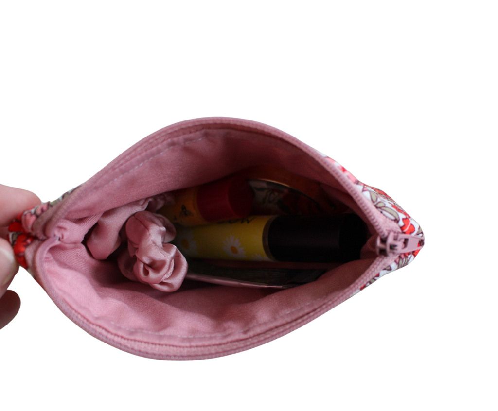 handmade cotton coin pouch red pink flower