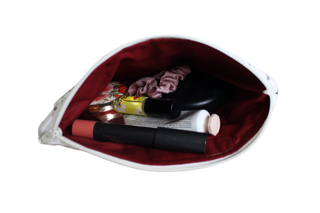 handmade cotton zipper pouch maroon flowers white