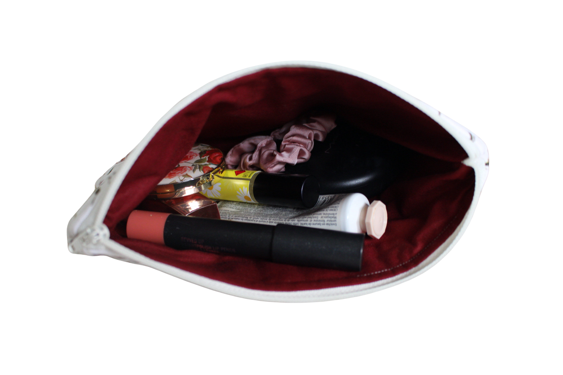 handmade cotton zipper pouch maroon flowers white