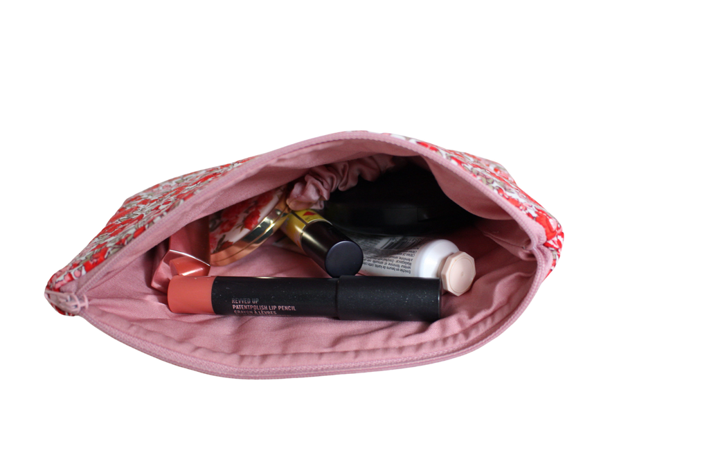 handmade cotton zipper pouch pink red flower