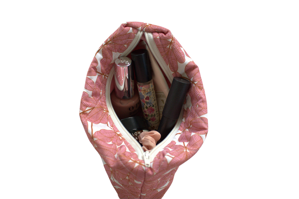 handmade cotton mini pouch pink white leaves