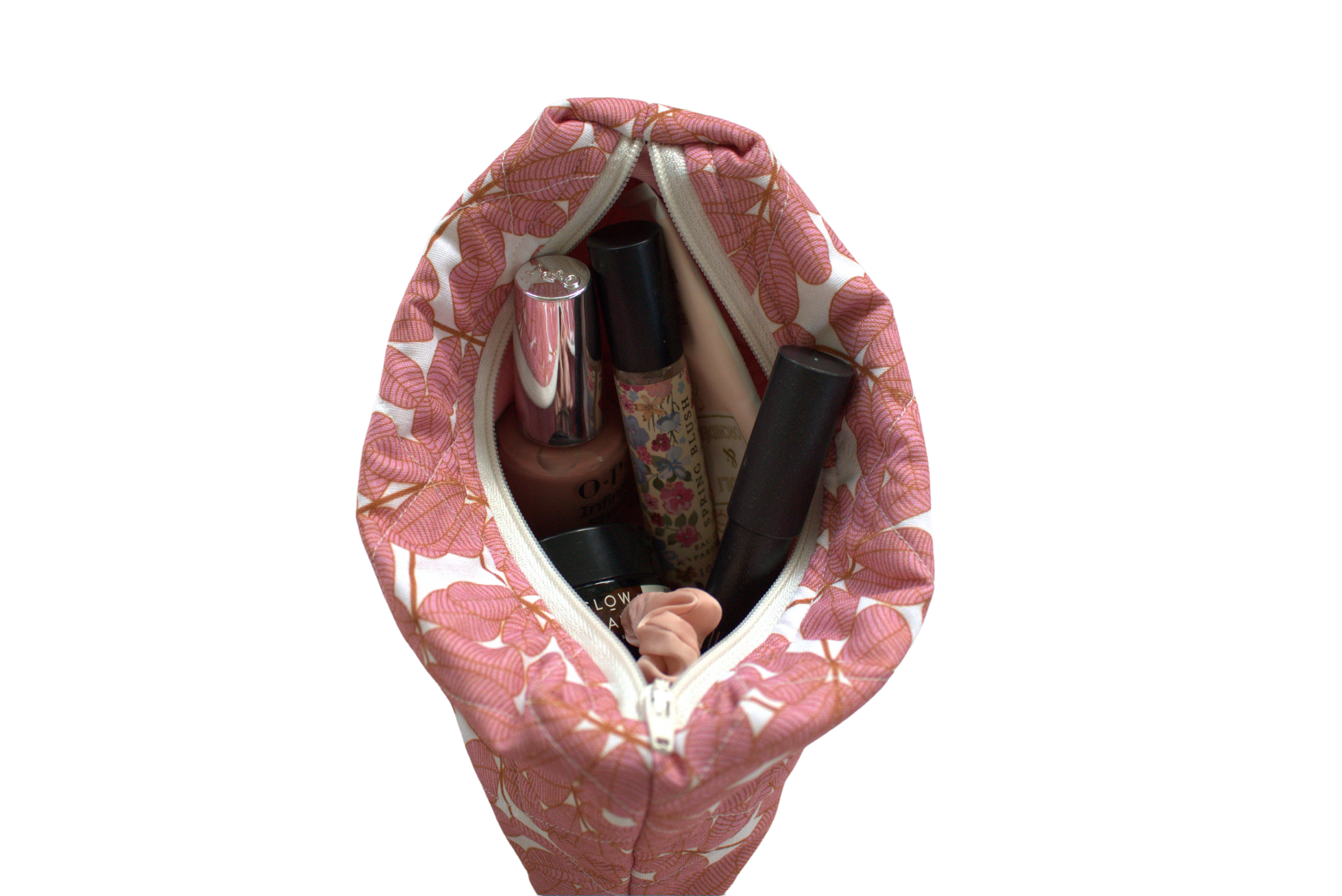 handmade cotton mini pouch pink white leaves