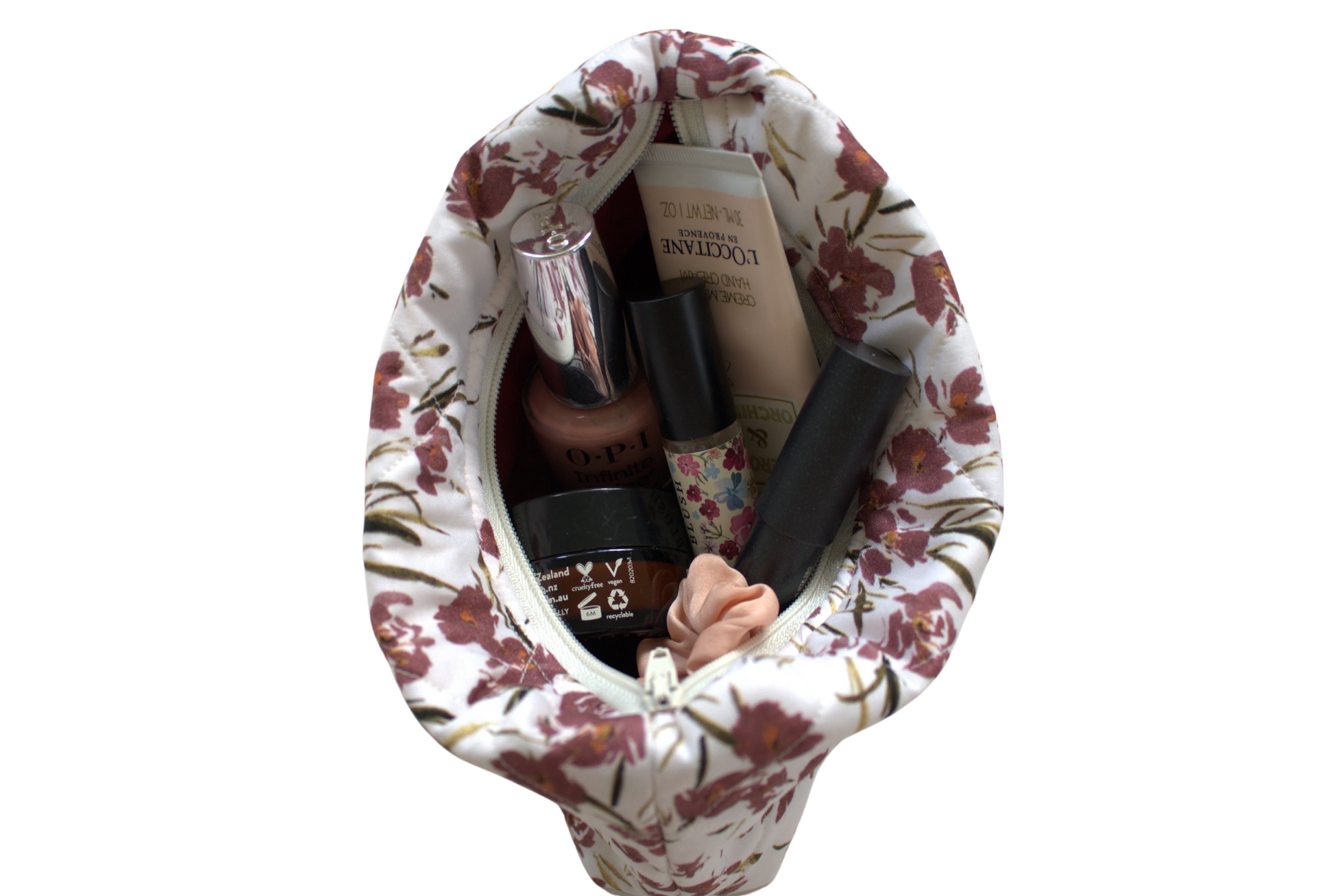 handmade cotton mini pouch white maroon flowers