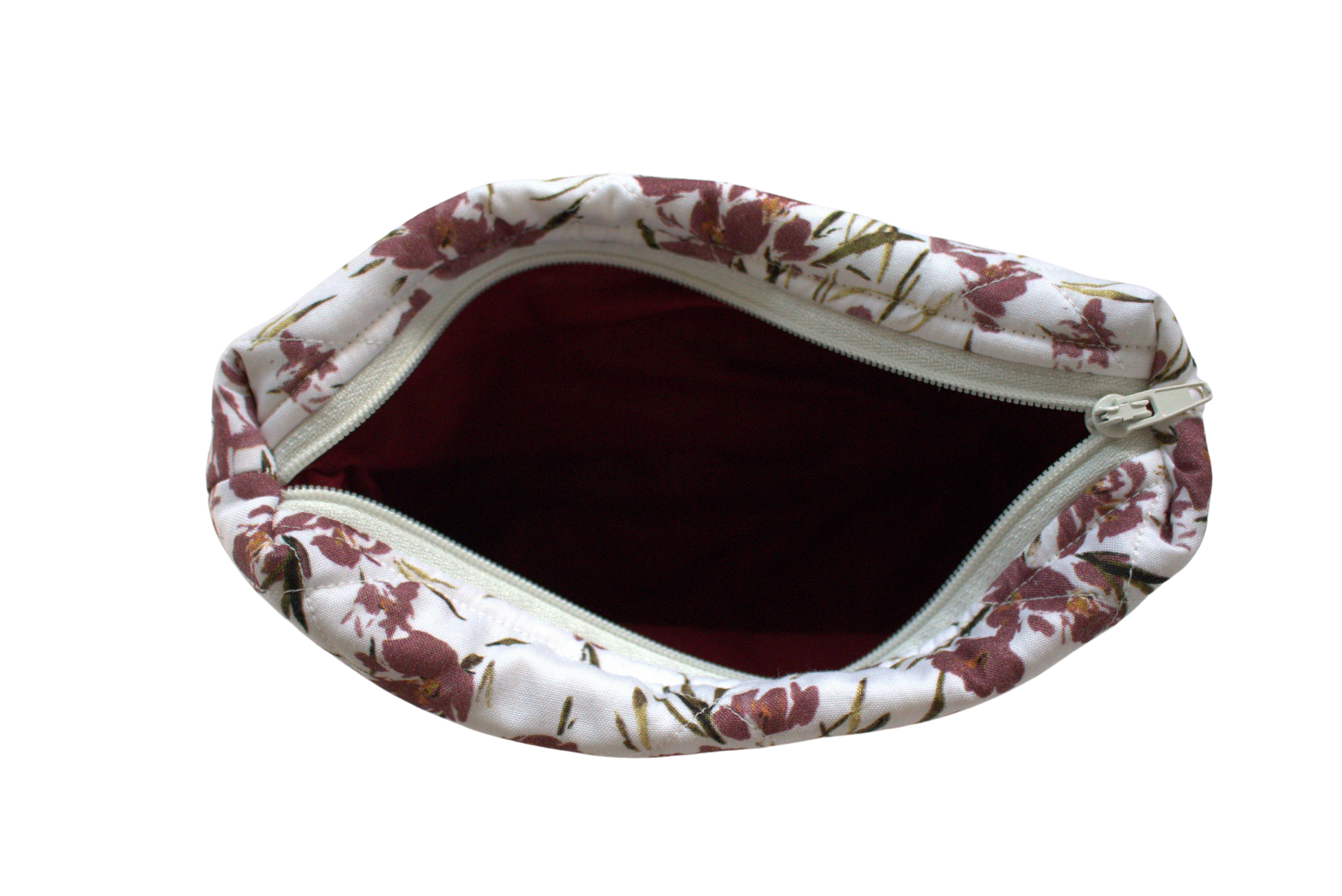 handmade cotton mini pouch white maroon flowers