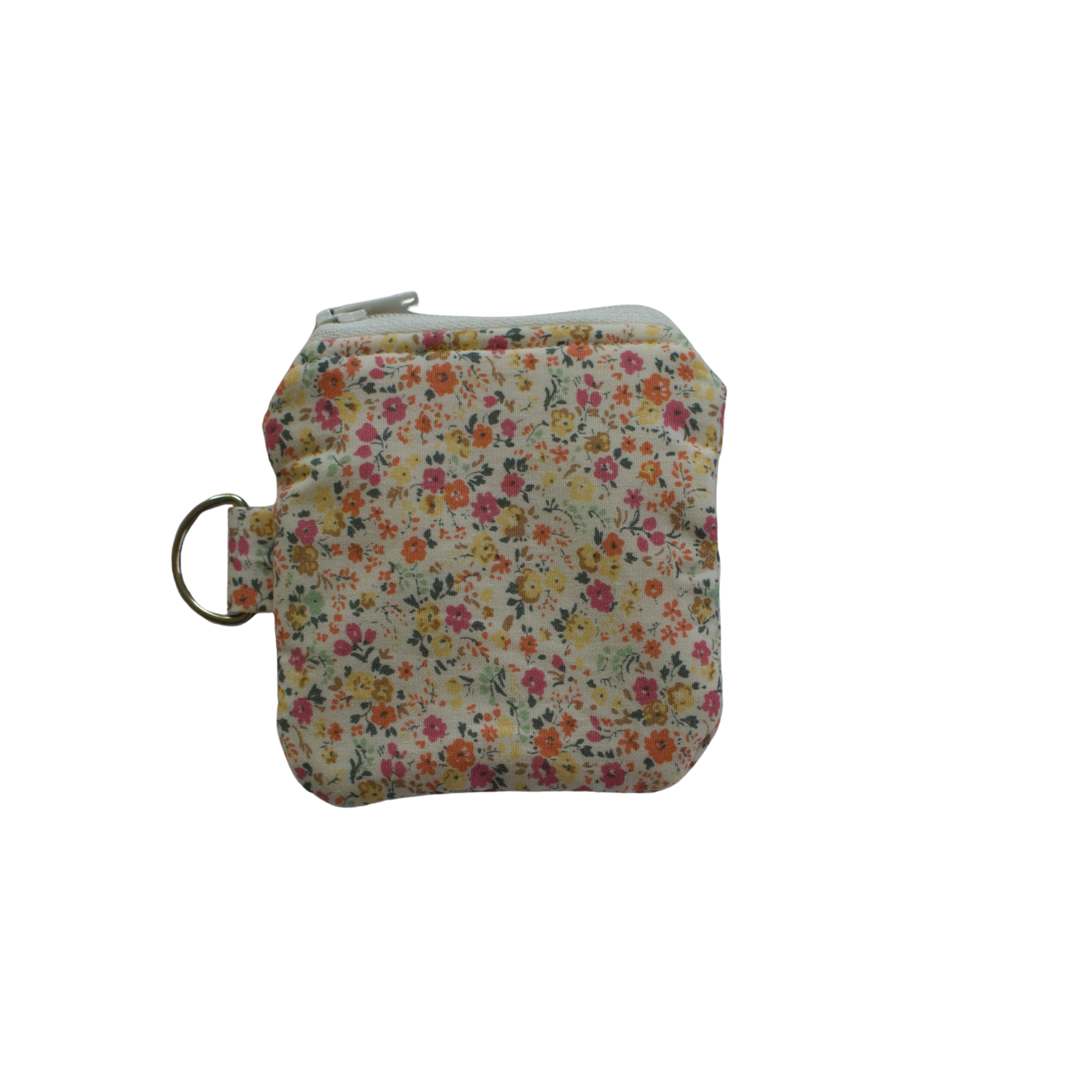 Floral-patterned pouch with a zipper on a white background