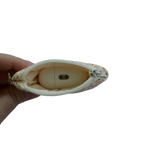 Small pouch held by a hand with a white background