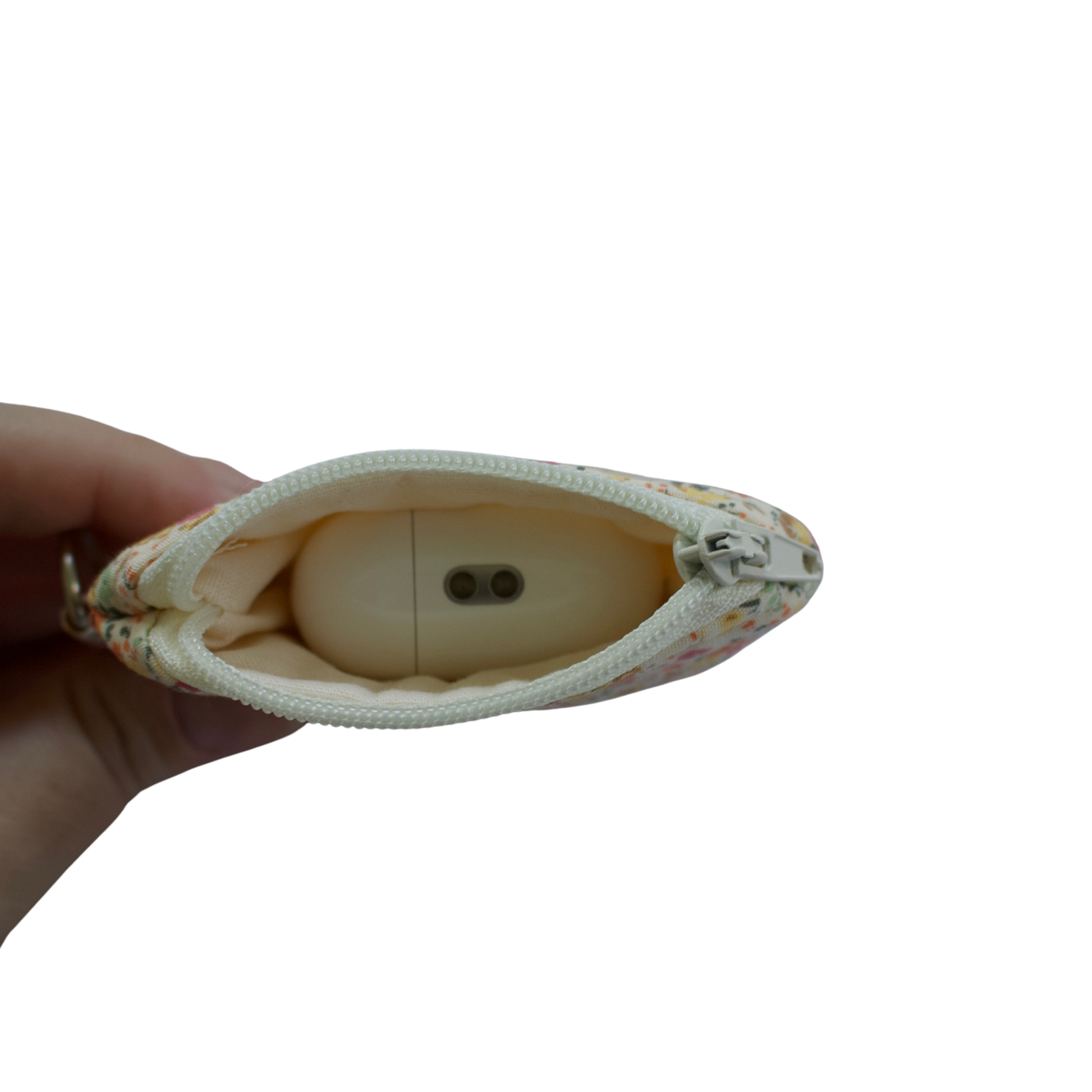 Small pouch held by a hand with a white background