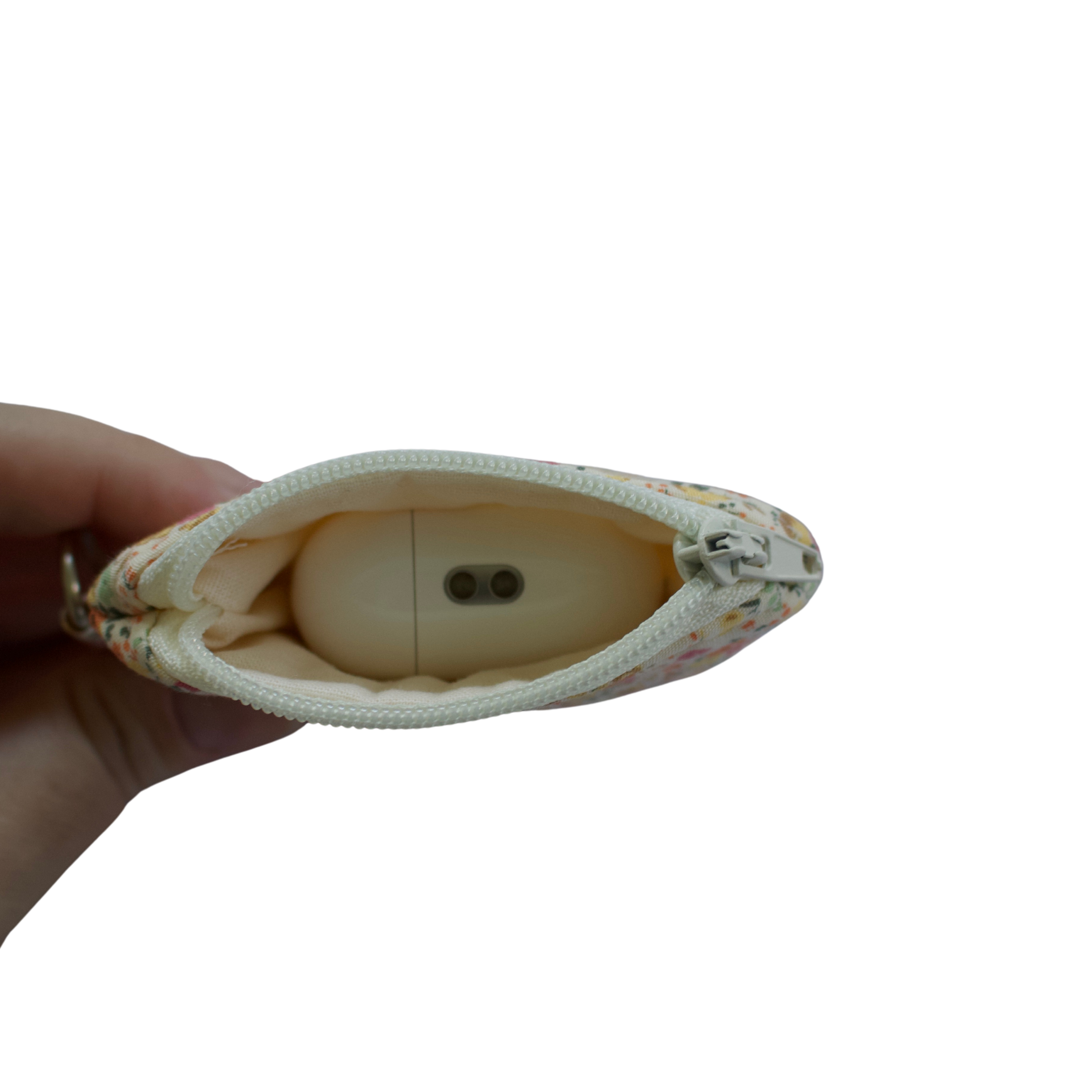 Small pouch held by a hand with a white background