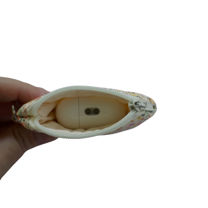 Small pouch held by a hand with a white background