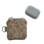 Floral-patterned pouch and white device on a white background