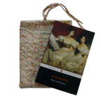 Book cover of 'Pride and Prejudice' by Jane Austen with a floral fabric pouch on a white background small book sleeve
