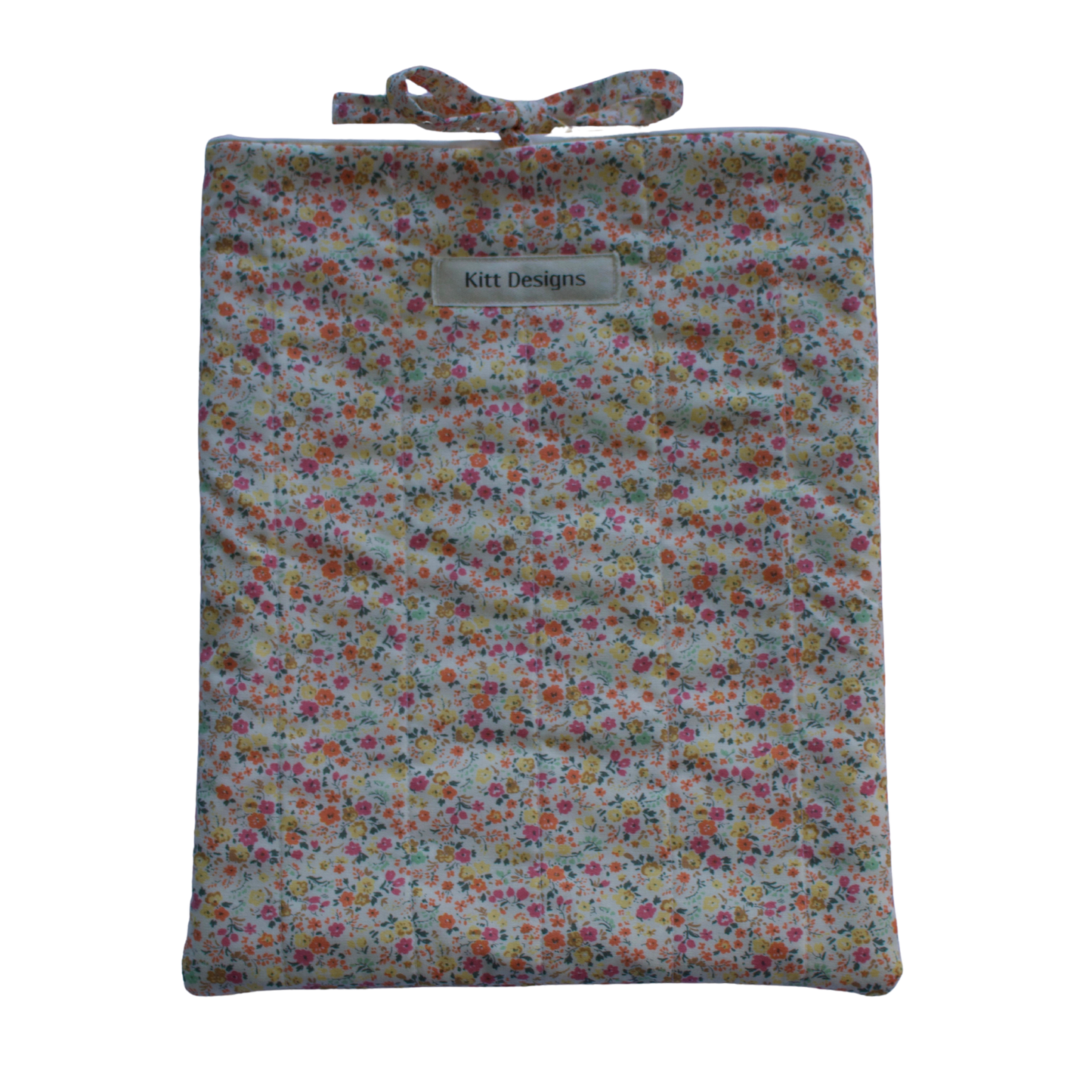 Floral-patterned pouch with a strap on a white background for books