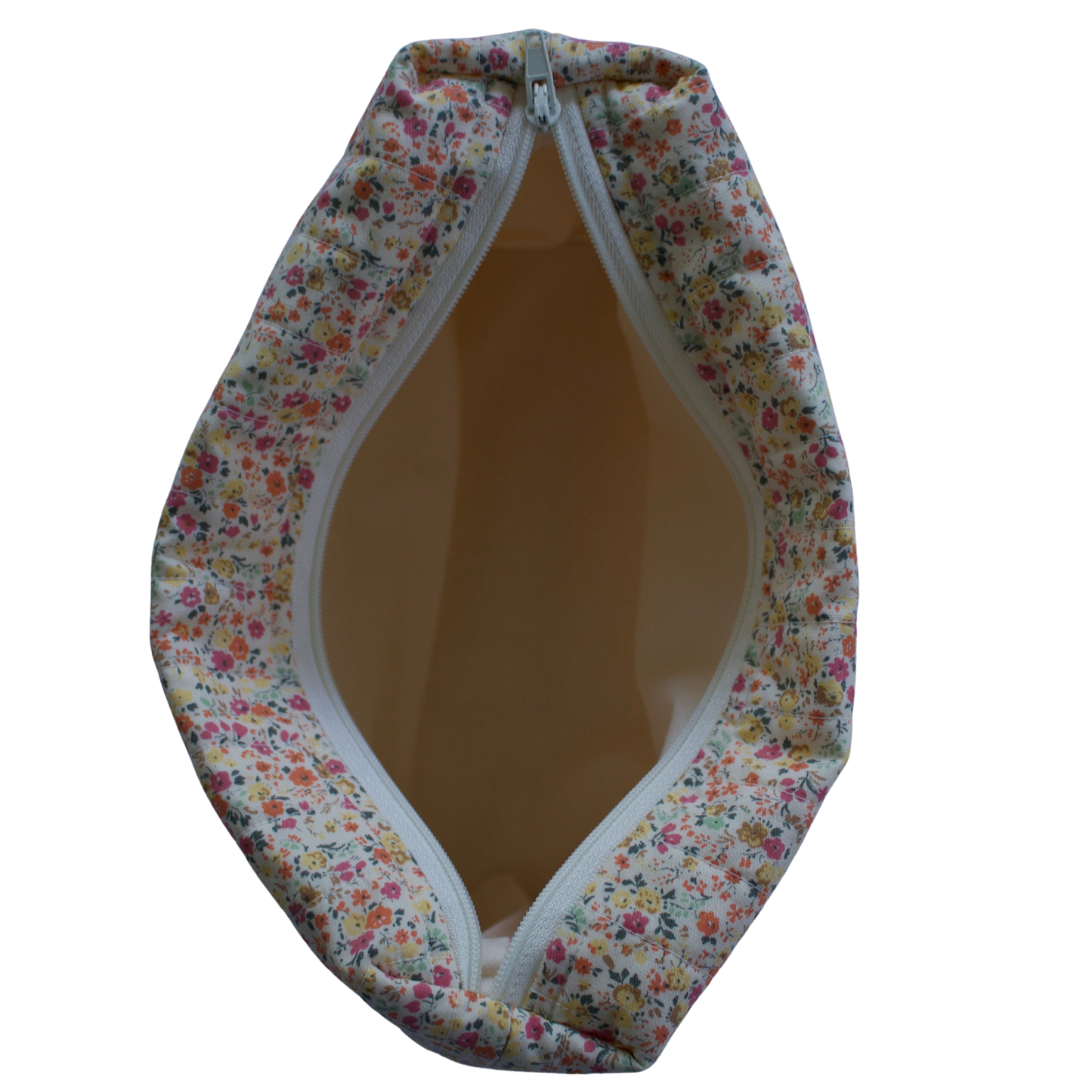 Floral-patterned fabric cover with a zipper on a white background