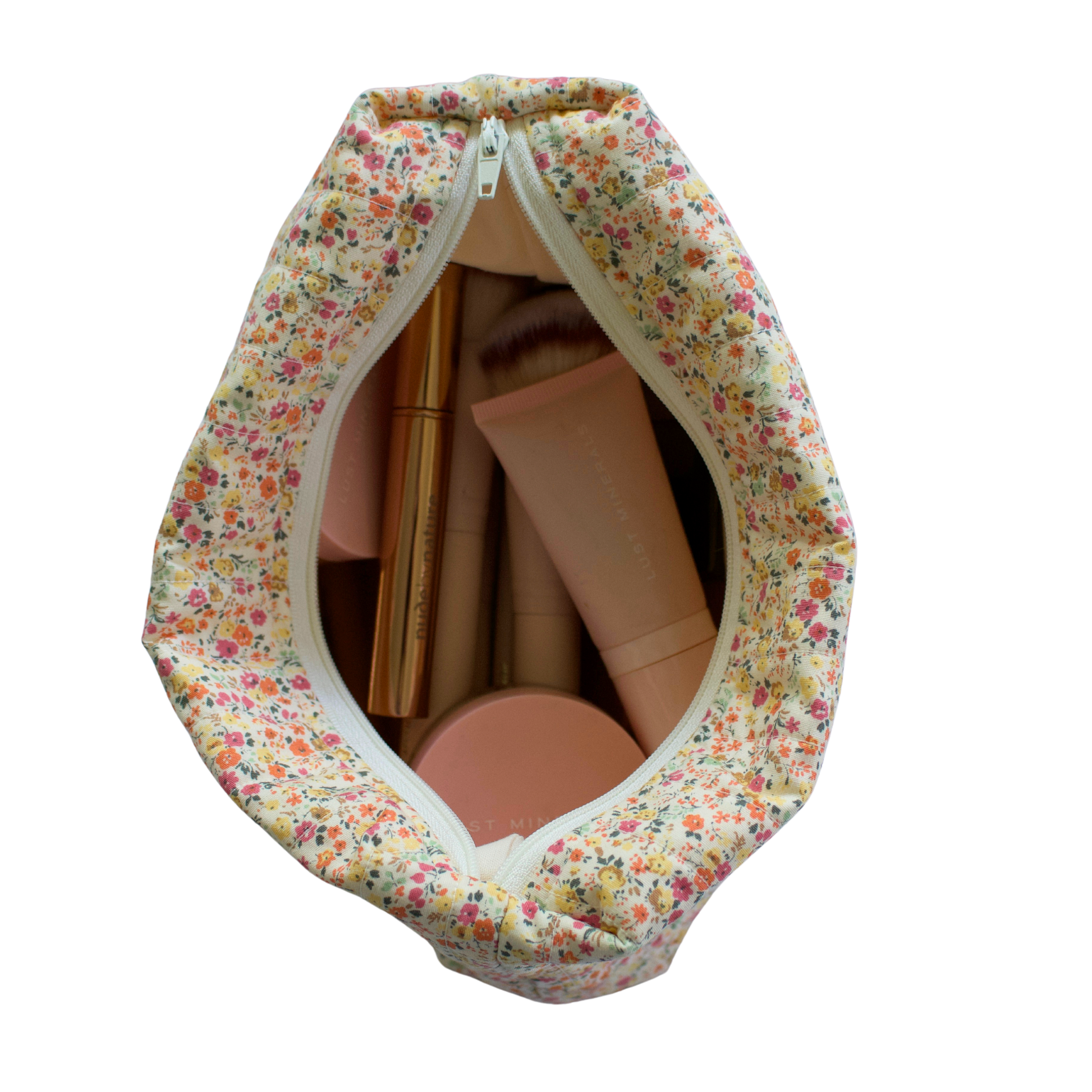 Floral-patterned beauty pouch make up bag with makeup