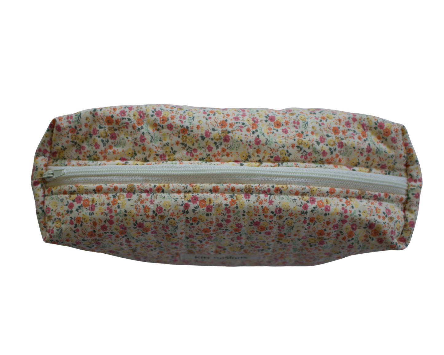 Floral-patterned travel pouch with a zipper on a white background