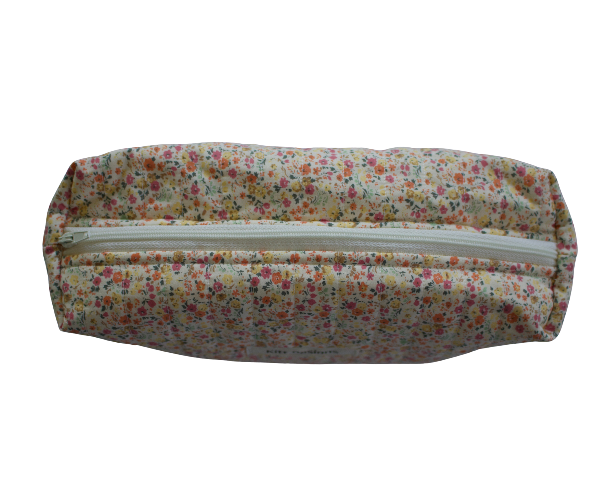 Floral-patterned travel pouch with a zipper on a white background