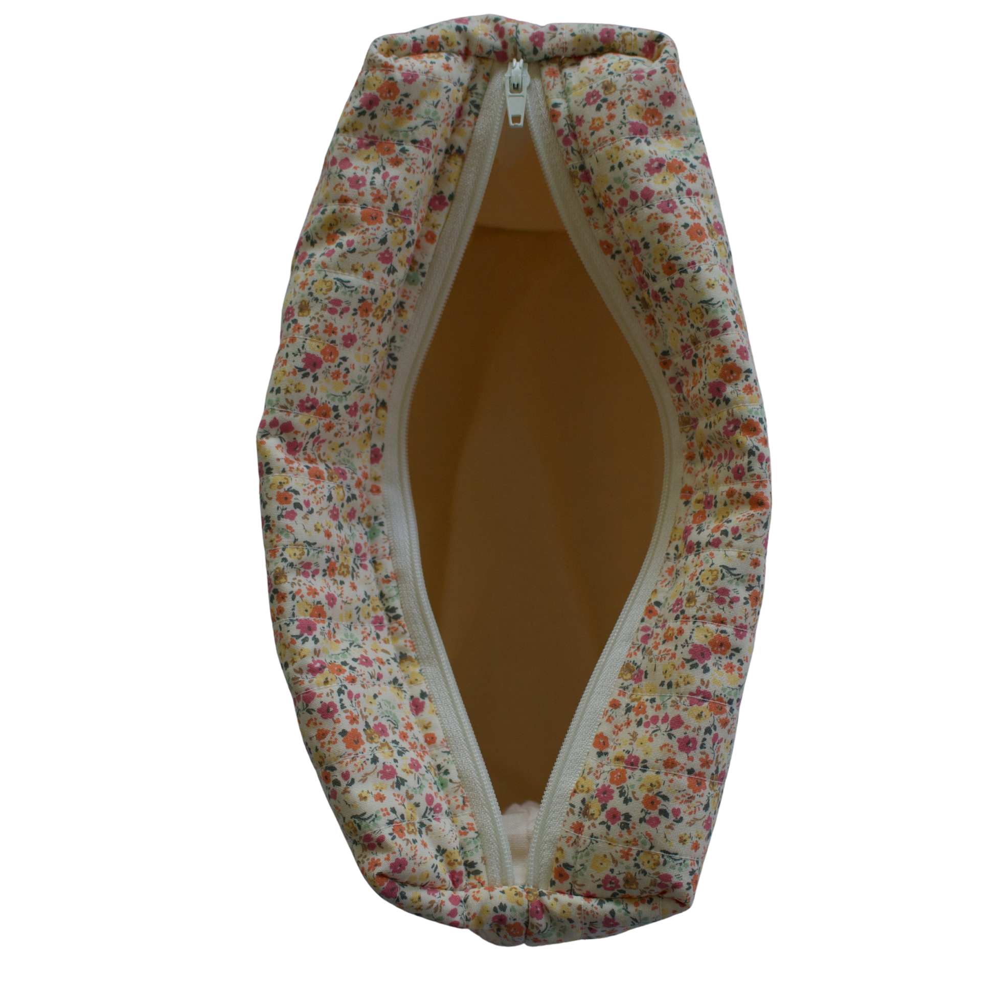 Floral-patterned fabric bag with a zipper on a white background travel pouch