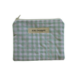 Green checkered pouch with a visible brand label green gingham coin pouch