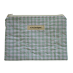 Green checkered pouch with 'Kitt Designs' label zipper pouch green gingham