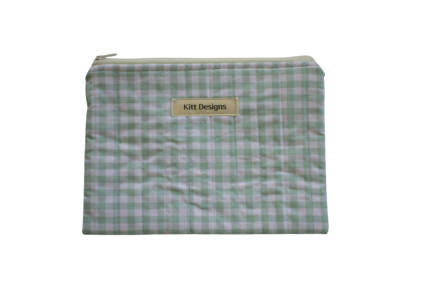 Green checkered pouch with 'Kitt Designs' label zipper pouch green gingham