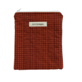 brown checkered pouch with 'Kitt Designs' label brown gingham kindle pouch