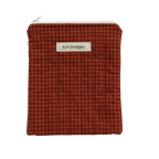 brown checkered pouch with 'Kitt Designs' label brown gingham kindle pouch
