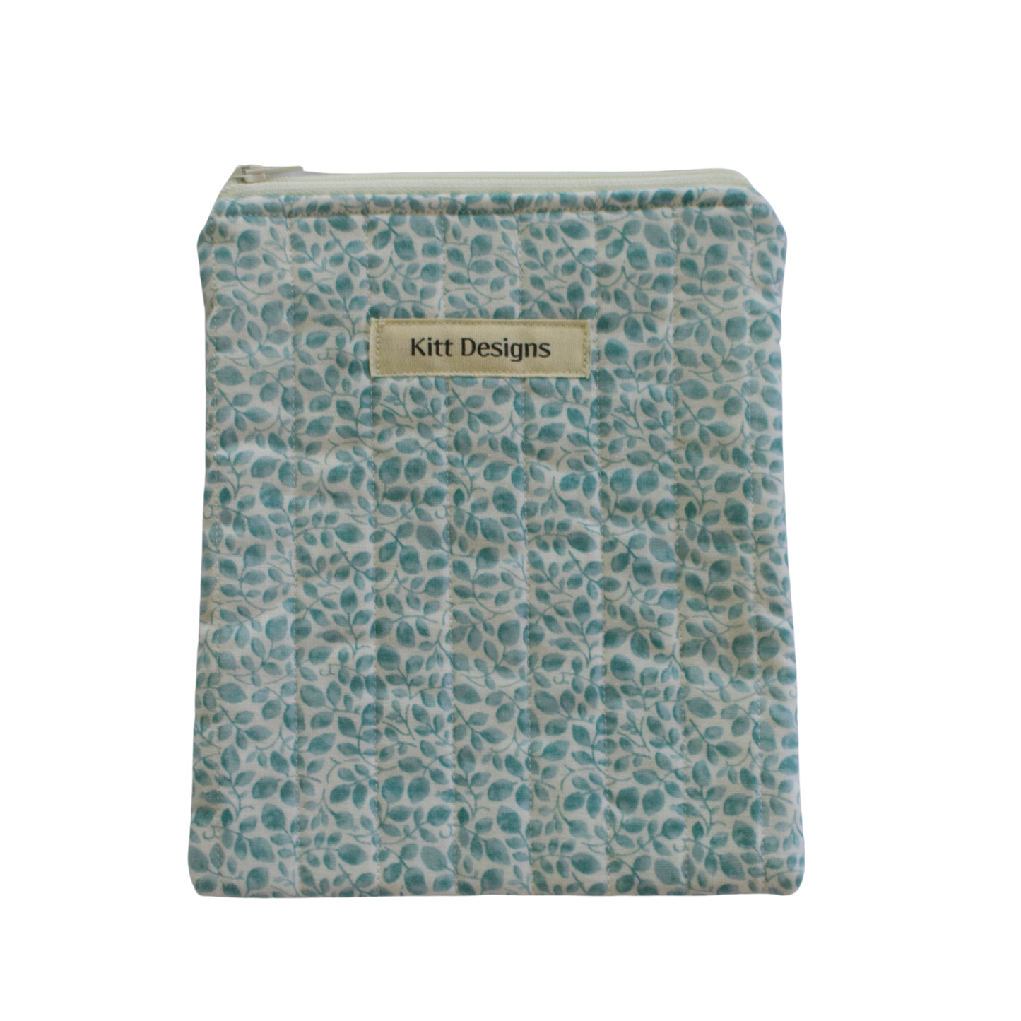 Fabric pouch with a pattern and 'Kitt Designs' label kindle pouch
