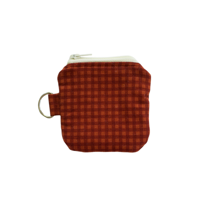 Small brown checkered pouch with a metal clasp airpod pouch