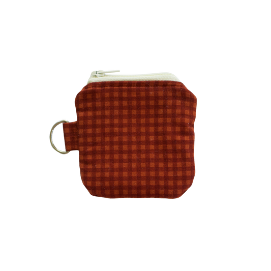 Small brown checkered pouch with a metal clasp airpod pouch