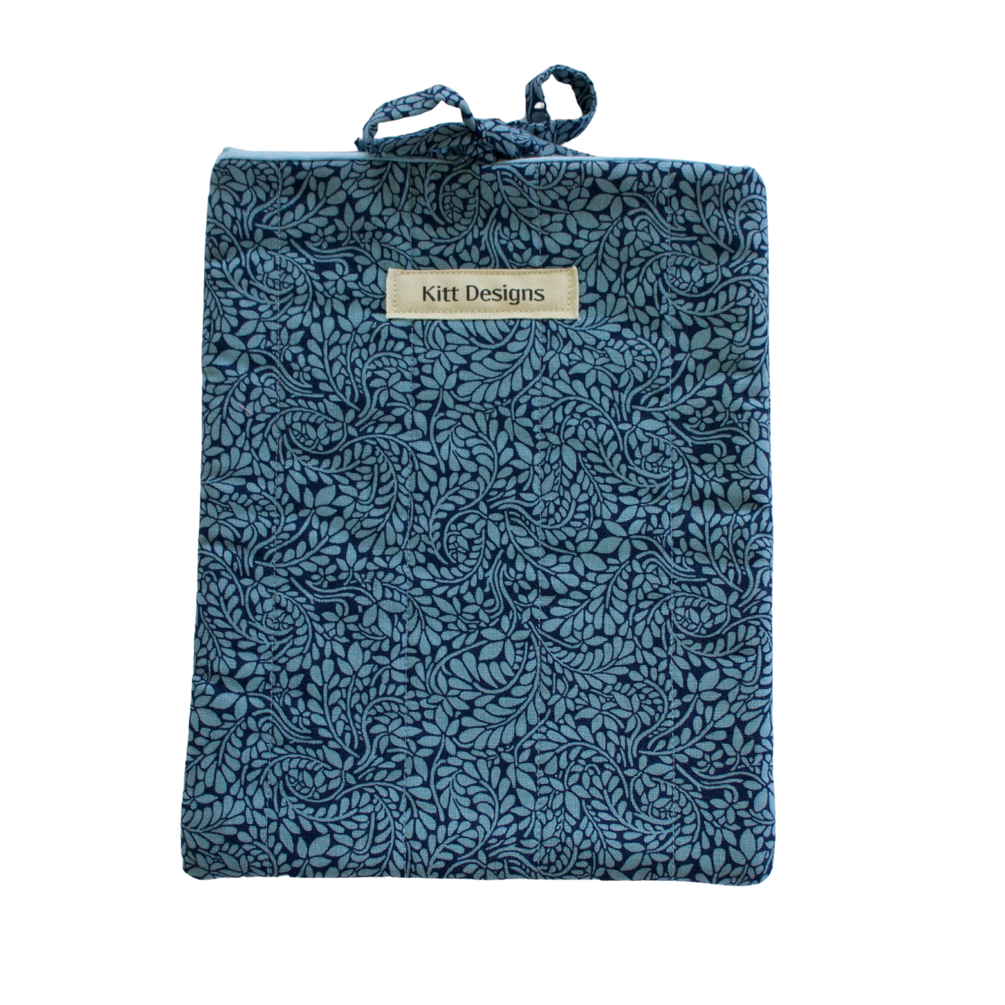 Blue textured pouch with a brand label small book sleeve