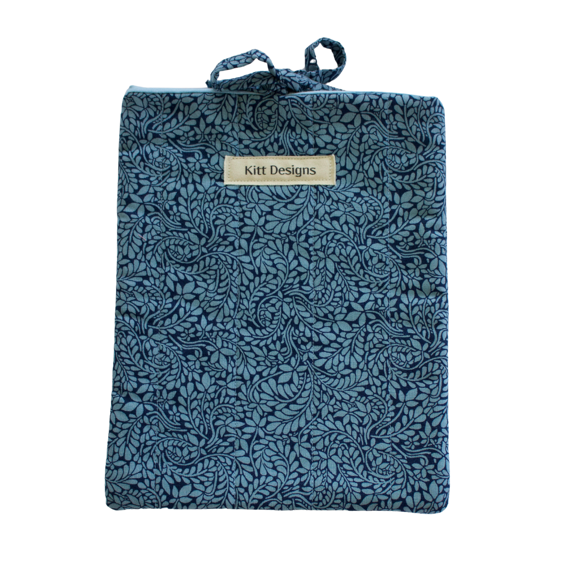 Blue textured pouch with a brand label small book sleeve